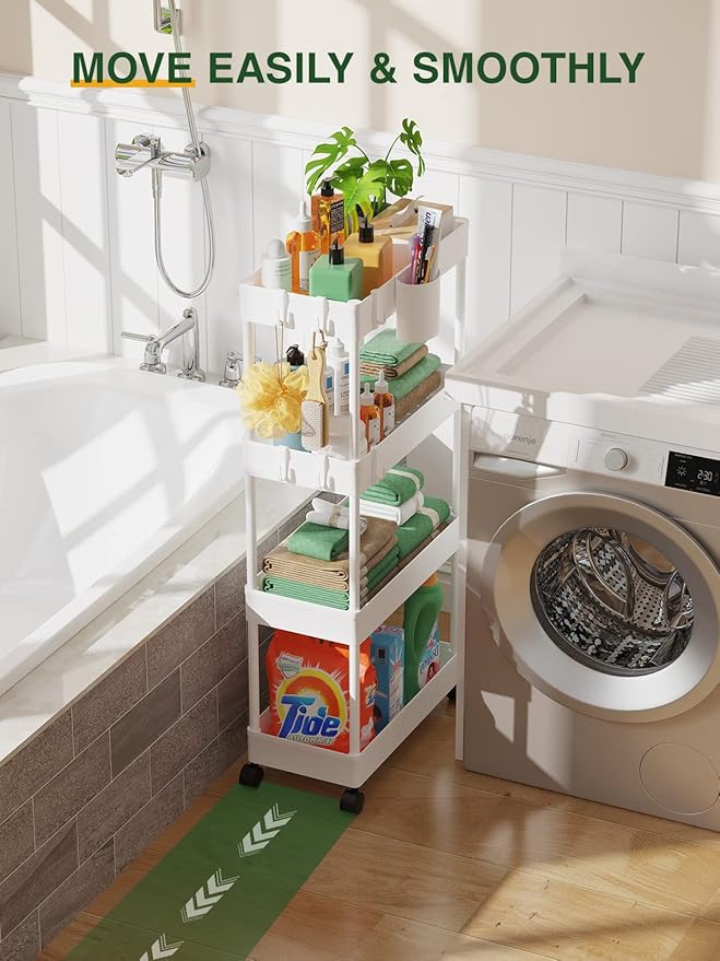 Slim Rolling Storage Cart, 7.1" W+White