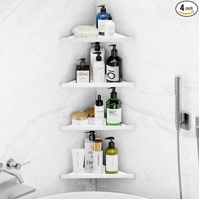 Fikoksol Shower Caddy, 4 Pack Bathroom Corner Shelf, Triangle Shelf Storage for Bathroom Shower, White Metal Shower Shelf & Rustproof Wall Mounted Adheisve Shower Organizer Accessories and Essentials