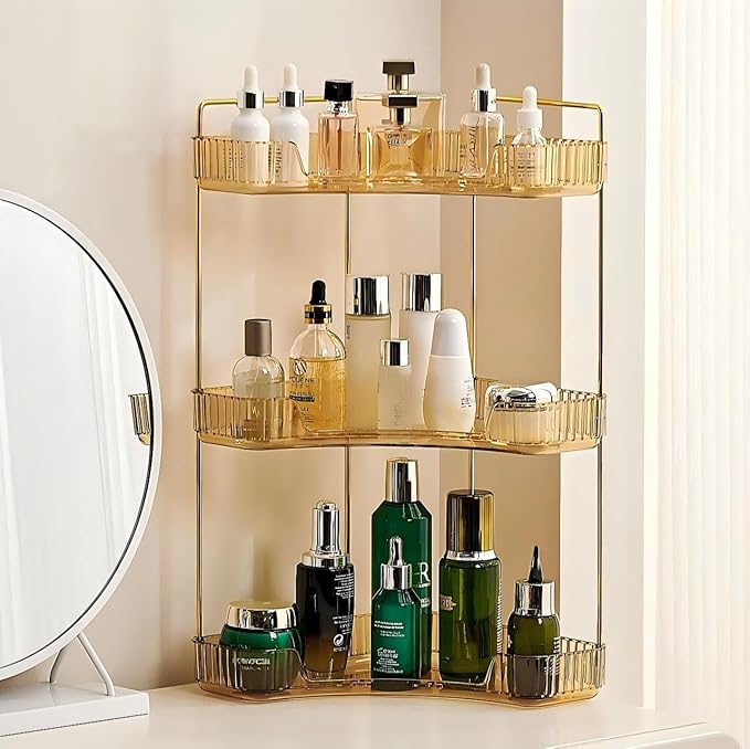 Ceruaxb 3-Tier Corner Bathroom Counter Organizer, Plastic Countertop Makeup Organizer, Large Capacity Vanity Bathroom Perfume Shelf Rack for Kitchen Office Desktop (Amber)