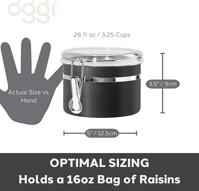 Oggi Stainless Steel Kitchen Canister 26 fl oz, Black - Airtight Clamp Lid, Clear See-Thru Top - Ideal for Kitchen Storage, Food Storage, Pantry Storage. Size 5" x 3.5".