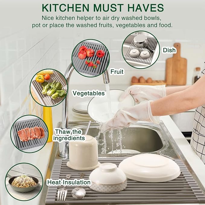 HANZENMA Roll Up Dish Drying Rack Over The Sink Kitchen Roll Up Sink Drying Rack Multipurpose Foldable Sink Drying Mat, Heat-Resistant, Anti-Slip & Anti-Rust Dish Rack for Kitchen, 17" x 13", Grey