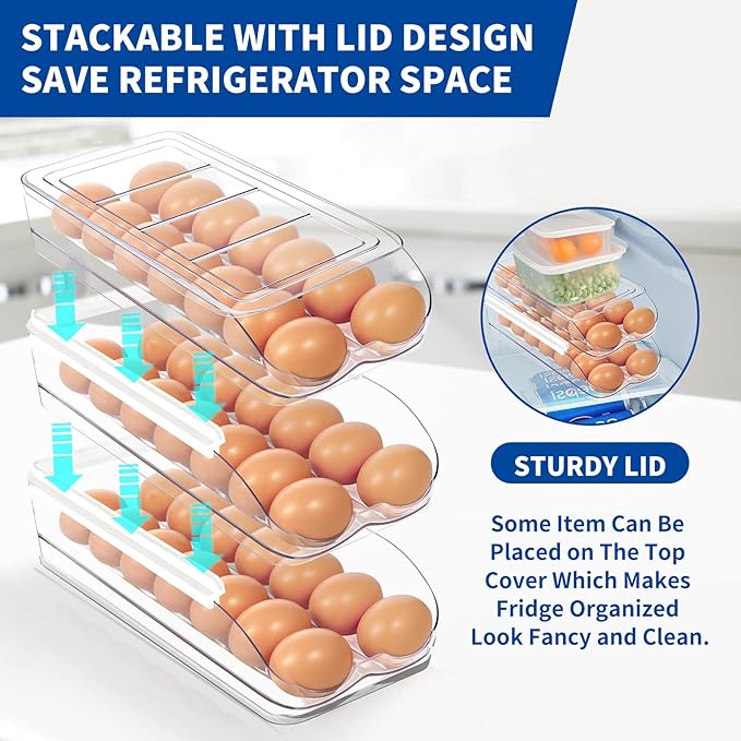 MesRosa Egg Holder for Fridge, Automatic Rolling Egg Organizer for Refrigerator, Clear Plastic Egg Container & Tray, Stackable Dispenser and Storage Bin with Sturdy Lid to Saving Space -3 Layer