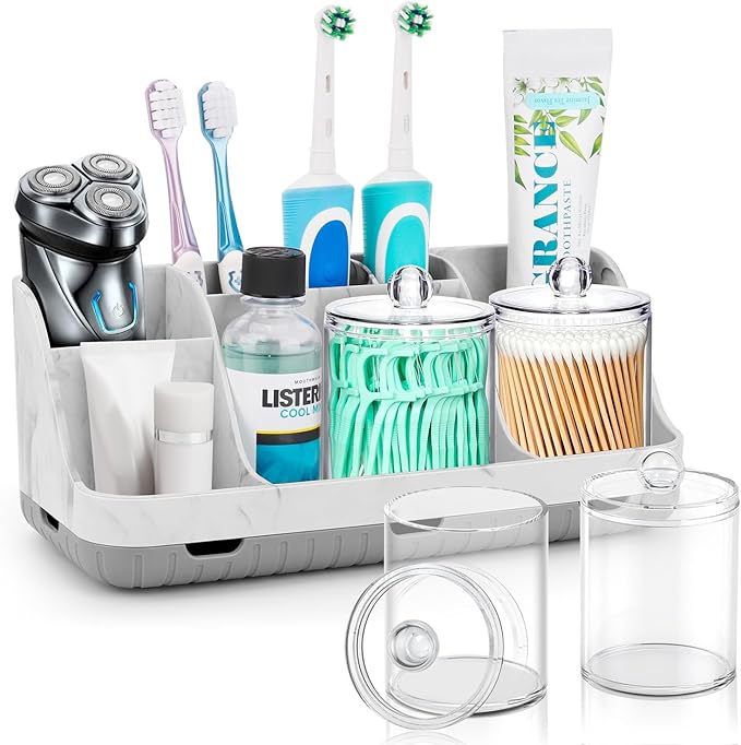 Bathroom Toothbrush Holder Set with 2 Pack Qtip Holder Dispenser, Grey