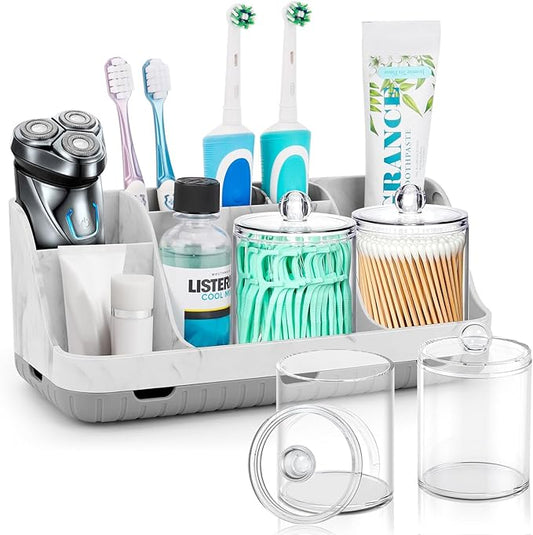 Bathroom Toothbrush Holder Set with 2 Pack Qtip Holder Dispenser, Grey