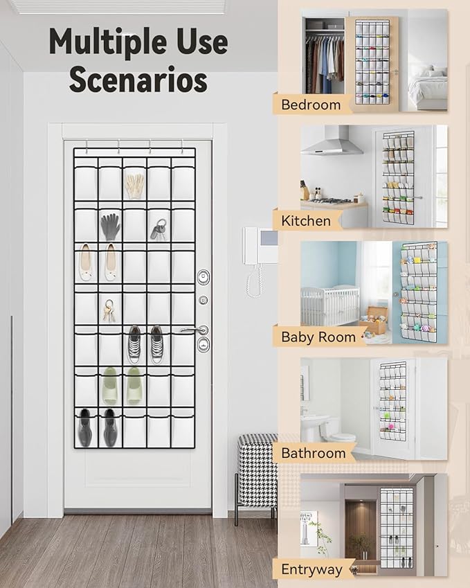 dodowin Over the Door Shoe Organizer Rack, 35 Large Breathable Mesh Pockets, Foldable Hanging Storage Holder for Closet Door, Space Saving Shoe & Accessory Organizer with 4 Metal Hooks, White