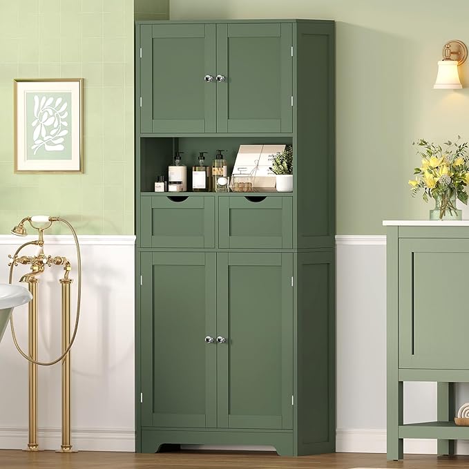 TEENFON 57.8" H Tall Bathroom Storage Cabinet with 2 Drawers & 2 Adjustable Shelves, Floor Cabinet with 4 Doors, Tall Cabinet for Living Room, Dining Room, Entryway, Forest Green
