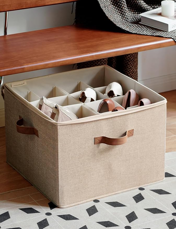 StorageWorks Shoe Organizer for Closet, Shoe Cubby Storage Containers with Adjustable Dividers and Clear Cover, Foldable Shoe Storage Box for Sandals, Sneakers, Fits up to 16 Pairs, Taupe | Fits up to 16 Pairs