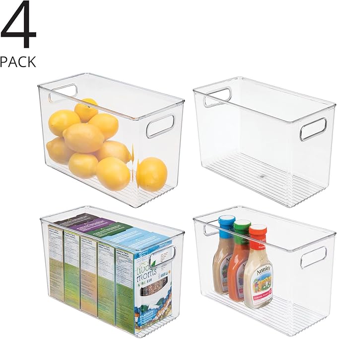 mDesign Plastic Food Storage Container Bin with Handles - for Kitchen, Pantry, Cabinet, Fridge/Freezer - Narrow for Snacks, Produce, Vegetables, Pasta - BPA Free, Food Safe - 4 Pack, Clear