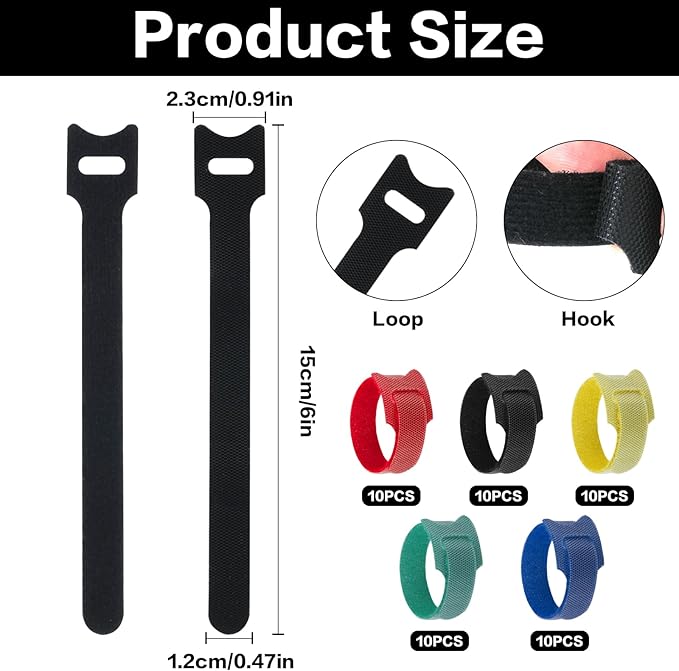 50 Pcs Reusable Cable Ties for Cords, 6 Inches Hook and Loop Adjustable Cord Straps, Reusable Zip Ties, Wire Organizers for Cords Electrical Cord Management Office Home Computer PC Cable Management