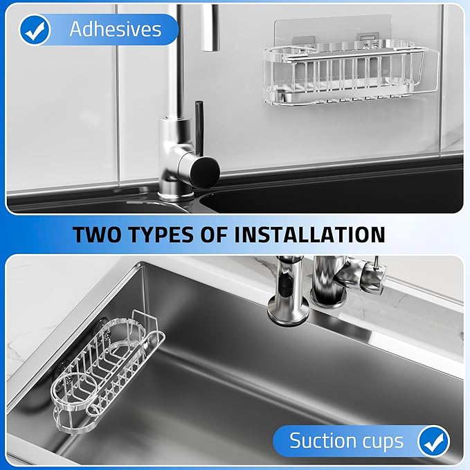 Cisily Kitchen Sink Caddy Sponge Holder in The Sink, Suction cup-Silver