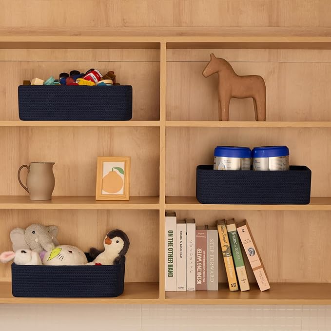 MiniArk Large Shallow Organizing Baskets 15x11x5.1 Inches - Rope Woven Storage Bins for Bathroom, Shelves, Cube Closet, Navy Blue 3 Packs