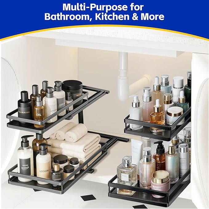 Under Sink Organizer, Dual-Rail Ball-Bearing, Under Kitchen Sink Organizer, 6-Level Adjustable, Under Cabinet Organizer, No-Drill Adhesive/Suction, Under Sink Storage (Black, Double Layer - 2 Pack)