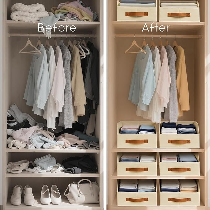 Homsorout Fabric Storage Bins for Organizing - 12 Pack Large Trapezoid Collapsible Storage Bins with Front Handle, Closet Organizers and Storage for Bedroom, Home Shelves, Small Spaces, Beige