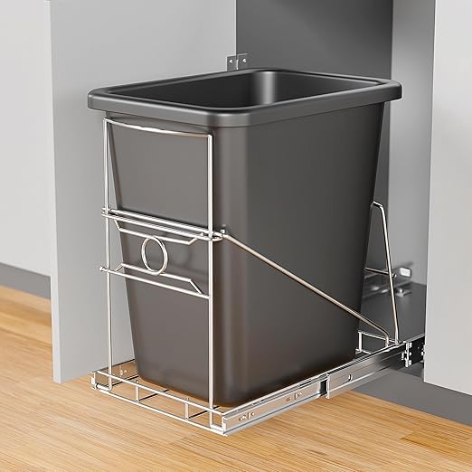 Pull Out Trash Can Holder, Adjustable Heavy Duty Cabinet Slide Out Kit for 7-11 Gallon Trash Cans, Under Sink Trash Can Rack with Smooth Ball Bearing Slides, Silver, Trash Can Not Included
