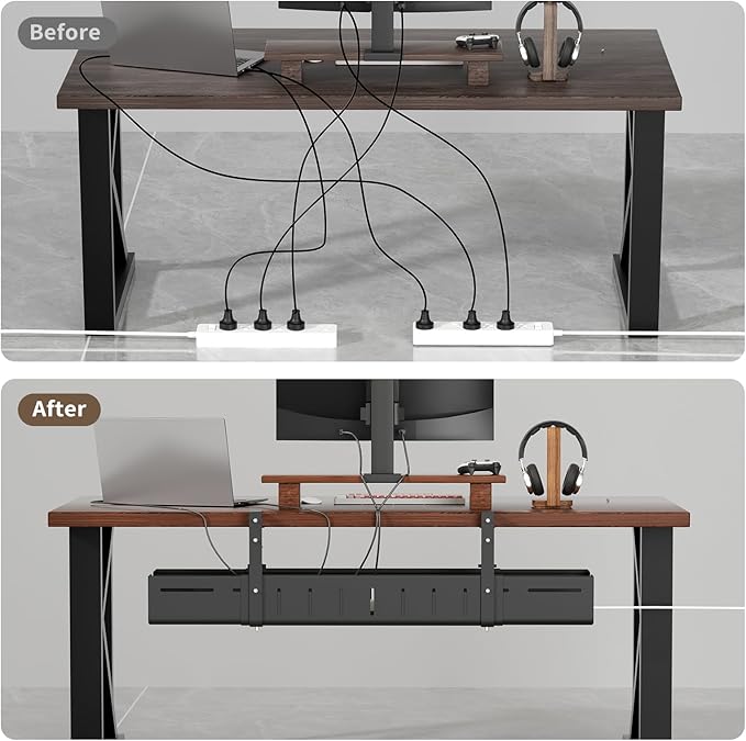 Under Desk Cable Management Tray, Expandable 25.2"–38.6" Heavy Duty Carbon Steel with Clamp, Hidden Cord Organizer for Desk, Home Office & Standing Desk, No Drill Installation, Black