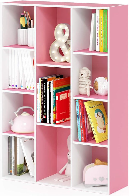 Furinno LUDER Book Shelf, 11-Cube Bookshelf, Reversible Bookcase, White/Pink