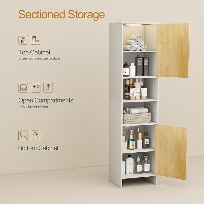 Tall Storage Cabinet, 13.15 Inch Narrow Bathroom Cabinet with USB Magnetic Light, Open Shelf, Magnetic Doors, 2 Adjustable Shelves, Anti-Tip Kit for Small Spaces, Living Room, White, 57.1" H