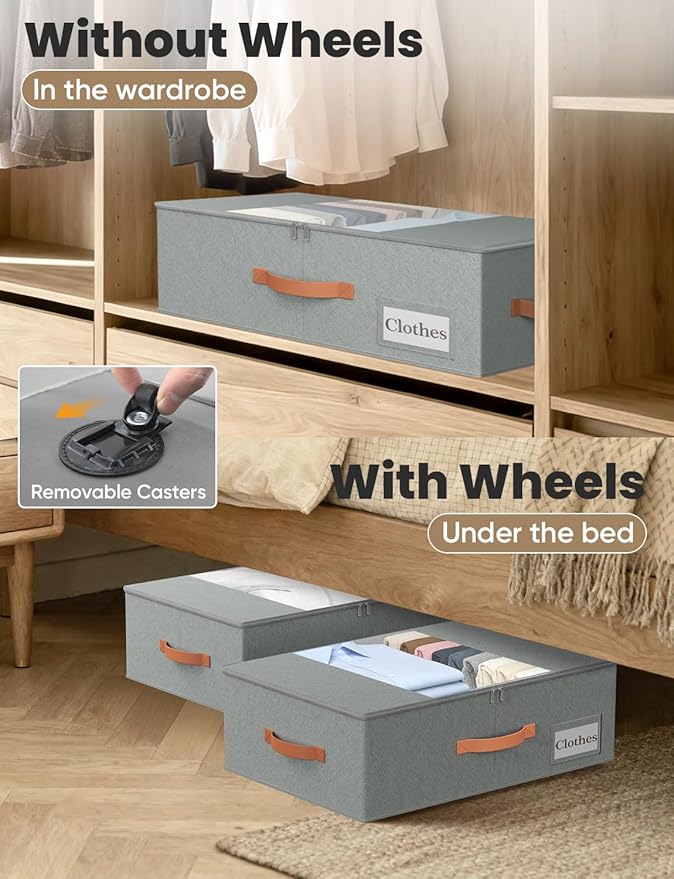 2-Pack Under Bed Storage Bins with Wheels, 4 Vacuum Bags, Gray