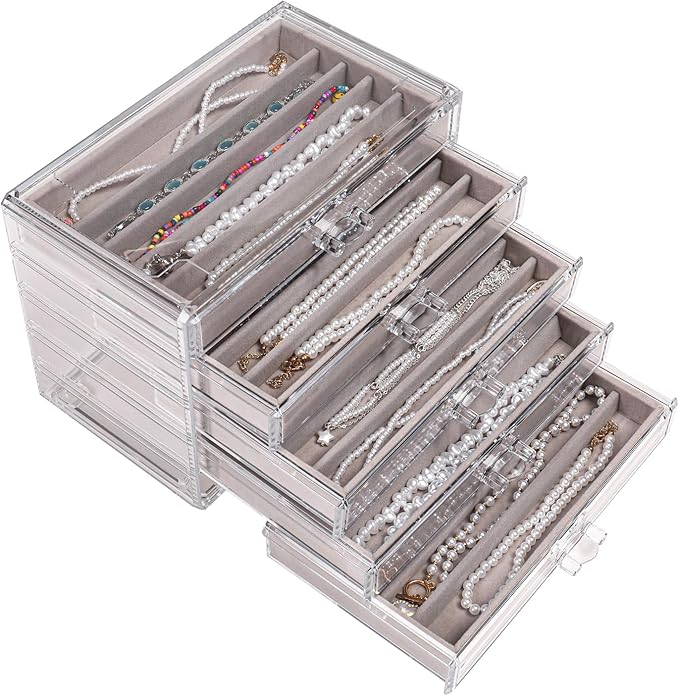 5 Drawerss Necklace Organizer Box, Tray with Clear Lid, Dustproof Velvet Necklaces Holder Storage Display Case, Gery Necklace Tray Drawer Insert for Pendant Suitable for Women and Girls (25 grids)