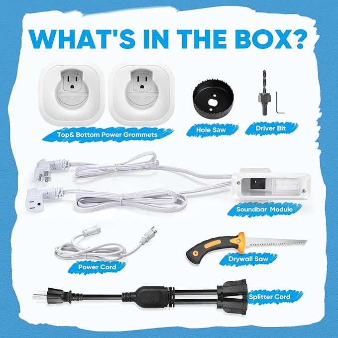 in-Wall Cable Management Kit for TV & Soundbar - Hide Cords Behind Wall Mounted TV with Power Relocation, Includes Drywall Saw & Hole Saw - DIY Home Theater & Gaming Setup