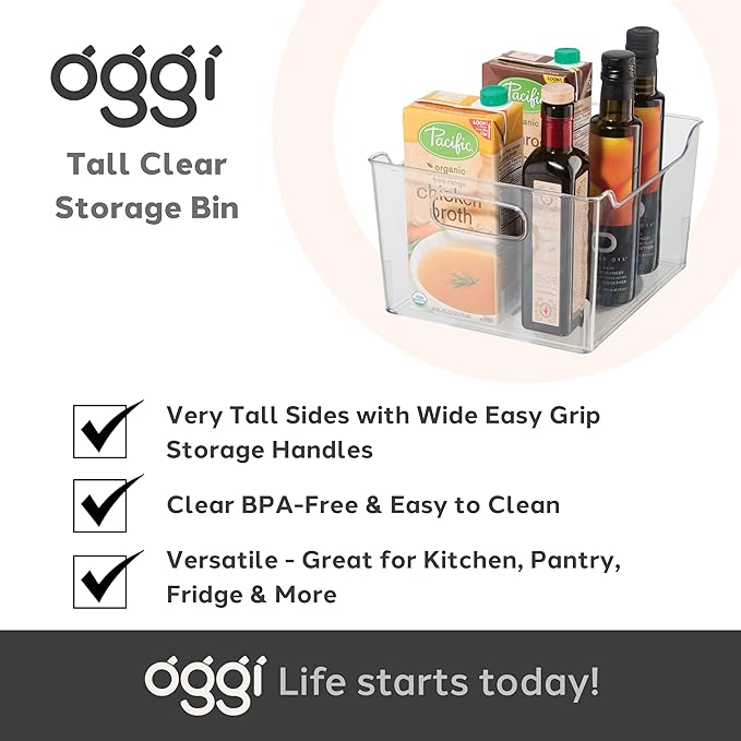 Oggi Storage Bin With Handles - Deep (9.75" x 9" x 6") - Ideal for Kitchen Organization, Pantry Storage, Fridge Organizing, Clear (Pack of 2)