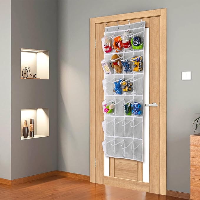 GOMAJI Over the Door 24 Pocket Hanging Shoe Organizer, Space Saving Hanging Storage Holder, Gray, (64" X 19")