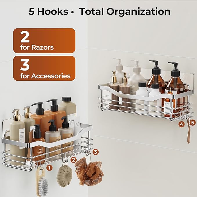 Orimade Shower Caddy Basket Soap Dish Holder Shelf with 5 Hooks Bathroom Organizer Shelf Kitchen Storage Rack Wall Mounted Adhesive No Drilling Rustproof SUS304 Stainless Steel - 3 Pack