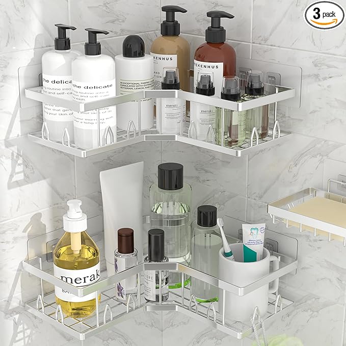 Shower Shelf Corner, Adhesive Shower Caddy Rustproof, Shower Shelves Corner with Soap Holder, No Drilling Shower Corner Organizer for Dorm, Renters Bathroom, Silver, 3 Pack