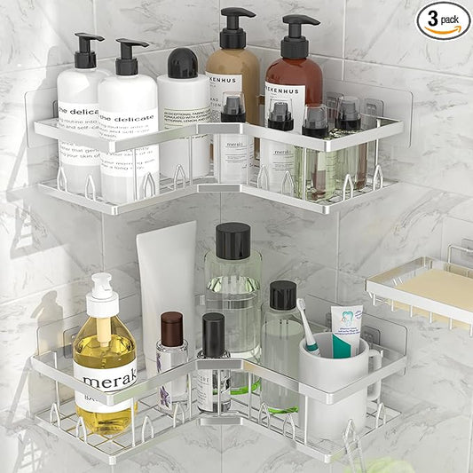 Shower Shelf Corner, Adhesive Shower Caddy Rustproof, Shower Shelves Corner with Soap Holder, No Drilling Shower Corner Organizer for Dorm, Renters Bathroom, Silver, 3 Pack