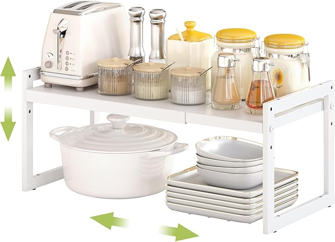 DOLALIKE Expandable Kitchen Countertop Organizer, Stackable Cabinet Shelf Organizers, Space Saving Spice Rack Pantry Storage for Bathroom Office Organization (White, 1 Tier)
