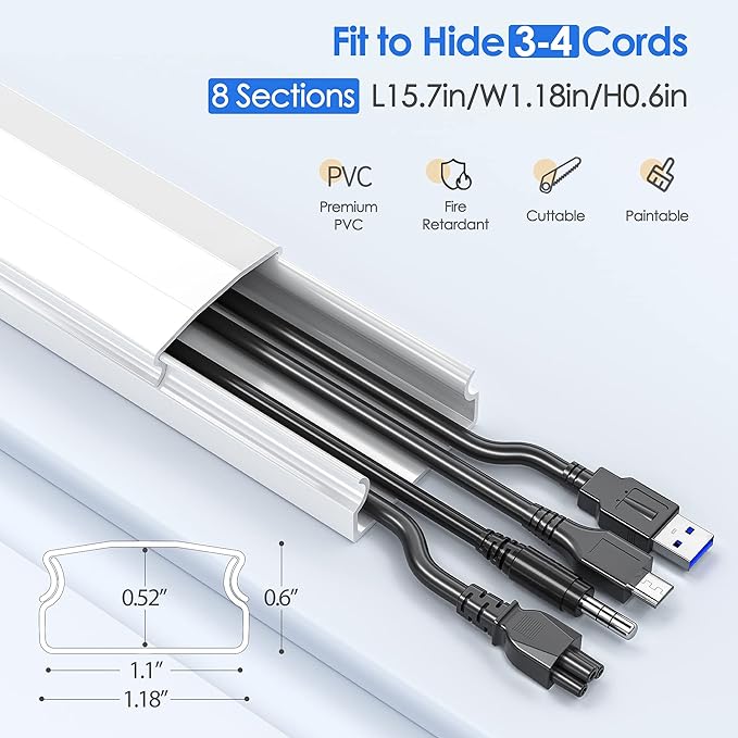 Yecaye 125in Cord Hider, Large Cord Covers for Wires on Wall, Cable Management Kit for Mount TVs, Wire Hider Cable Concealer for Home Office, W1.18in H0.6in, White