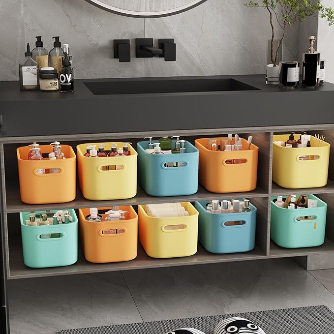 ORGIDOL 12 Pack Colorful Plastic Storage Bins, Storage Container for Organizing, Colored Storage Boxes with Handle for Shelves, Cute Organizer Bins for Craft, Snacks, Cabinet, 9.69x6.7x5.7 inch