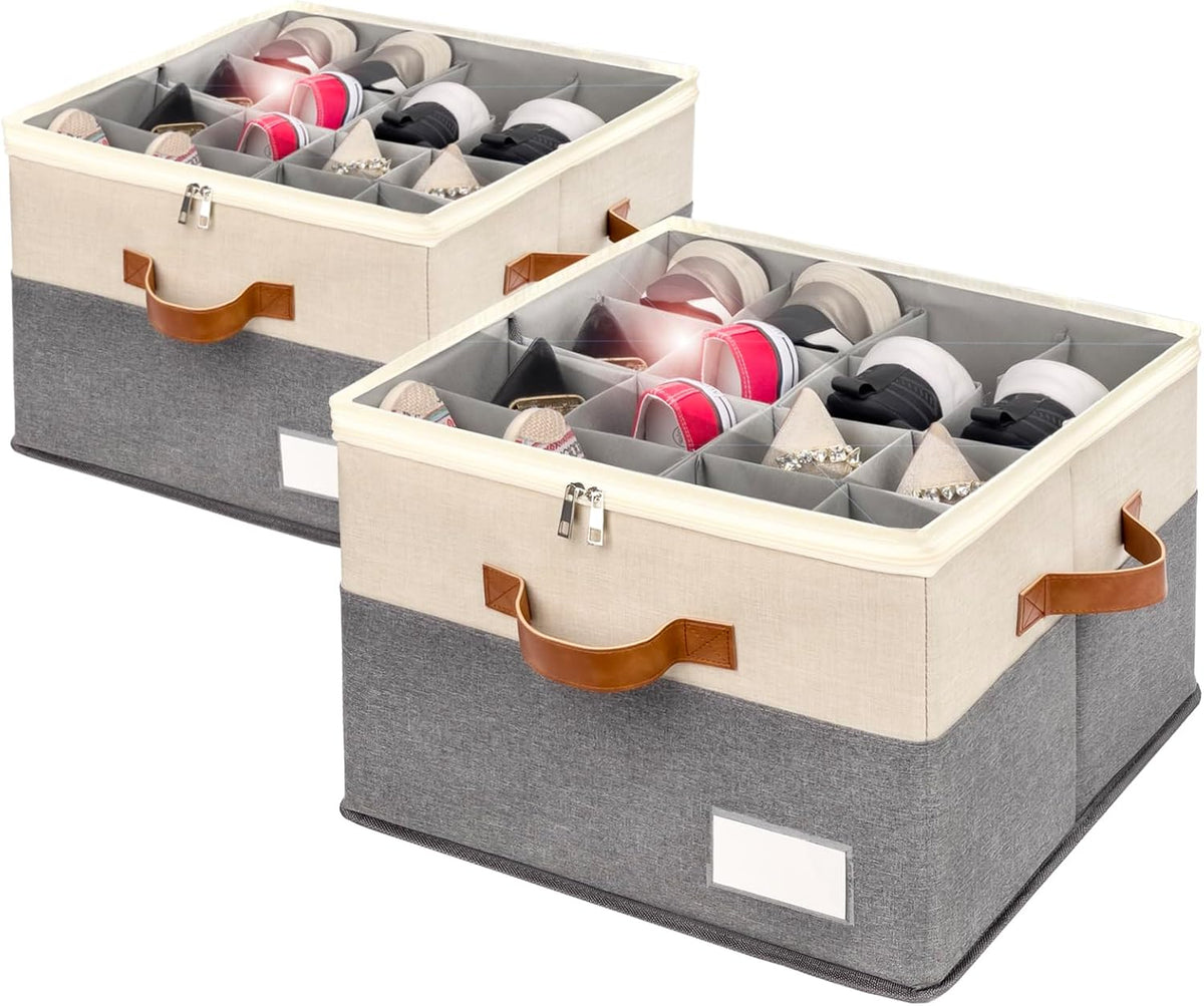 2 Pack Shoe Organizer for Closet Foldable Storage Box with Clear Cover