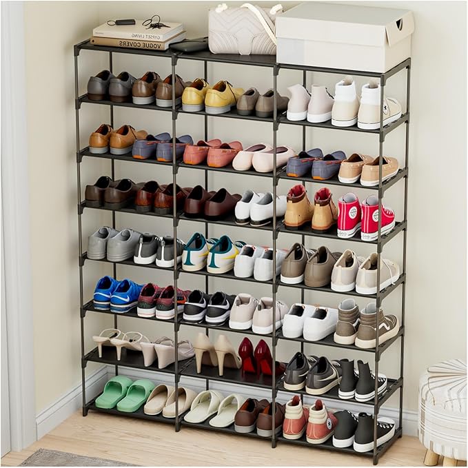 SMILHELTD Large Shoe Rack 3 Row 8 Tier for Entryway Holds 48 Pairs, Metal Shelves with Dust-Proof Mats, Space Saving Storage for Garage Closet, DIY Assembly, 49.2" W x 50.8" H