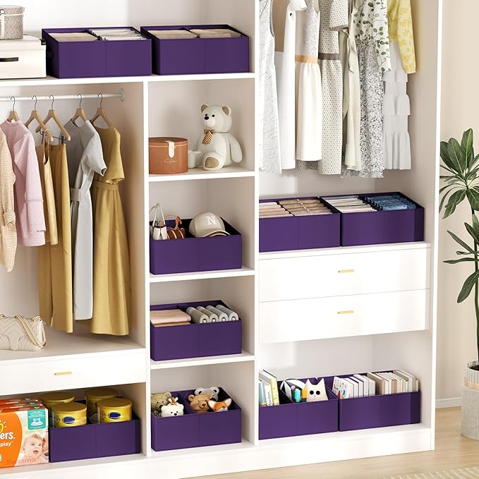 Large Closet Shelf Organizer Bins 8 Packs with Handles and Divider, Purple