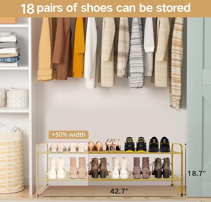 2-Tier Long Shoe Rack for Closet Metal Shoe Organizer for Entryway, Gold