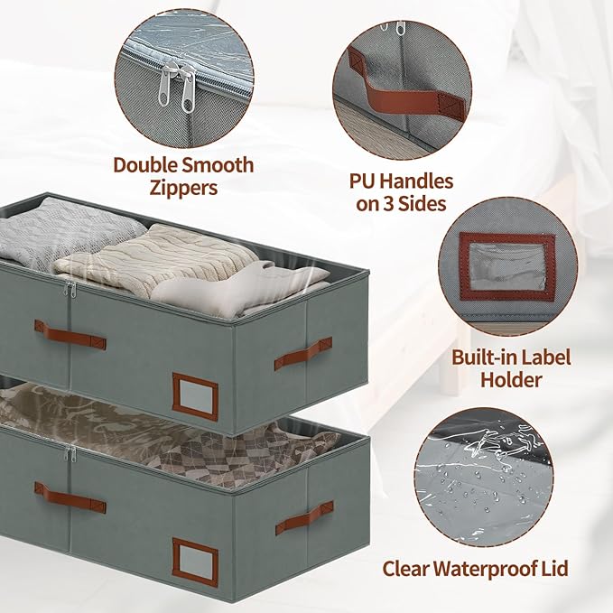 10 Inch Under Bed Storage Containers, 2 Pack Large Underbed Storage Bins w/Clear Lid & Sturdy Sidewall, Foldable Closet Organizer for Dorms, Bedroom, Clothes, Shoes, Bed Sheets, Blankets (Grey)