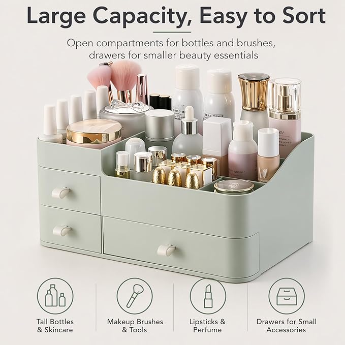 Makeup Organizer with 3 Drawers, Large Vanity Storage for Skincare, Perfume, Lipstick and Brushes, Countertop Cosmetic Holder for Bathroom, Dresser or Bedroom, Green
