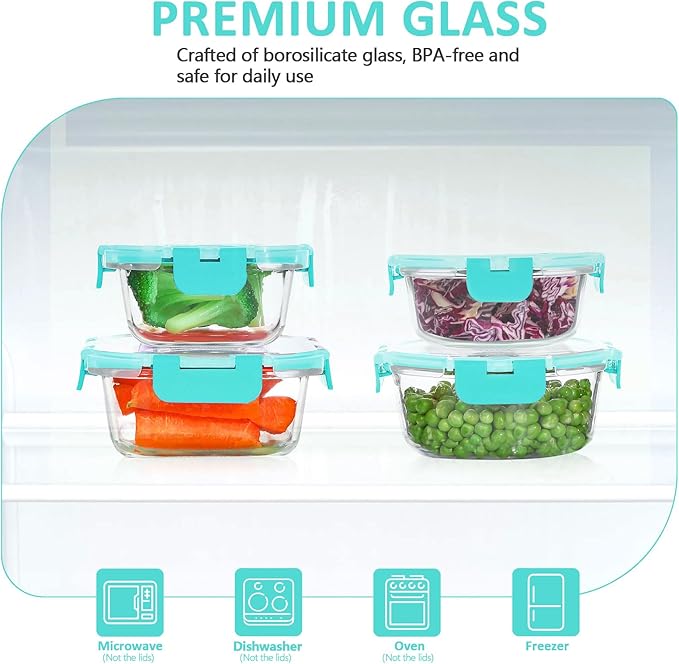 KOMUEE 24 Pieces Glass Food Storage Containers Set, Meal Prep Containers, BPA-Free Airtight Glass Storage Containers with lids, Freezer, Microwave and Oven Safe,Green