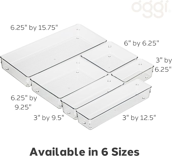 Oggi Clear Drawer Organizer - 6" X 15" - Ideal for Organizing Kitchen Drawers, Office, Desk, Silverware, Kitchen Utensils, Cosmetics and Bathrooms (Pack of 2)