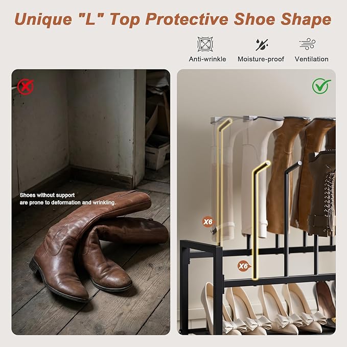 Free Standing Shoe Racks, 5-Tier Boot Rack Organizer for Tall Boots, Sneakers, High-Heel, Black Metal Shoe Storage for Dorm Room, Closet, Entryway, Hallway, Black, Holds 6 Pairs
