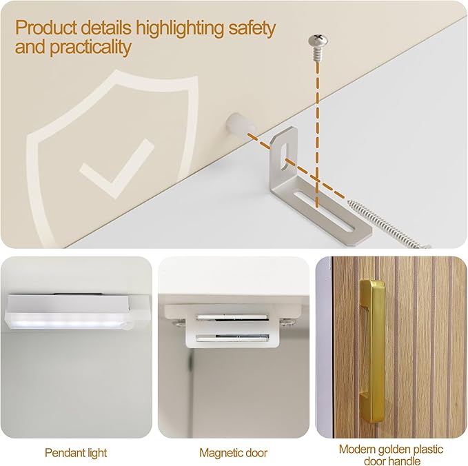 Tall Storage Cabinet, 13.15 Inch Narrow Bathroom Cabinet with USB Magnetic Light, Open Shelf, Magnetic Doors, 2 Adjustable Shelves, Anti-Tip Kit for Small Spaces, Living Room, White, 57.1" H