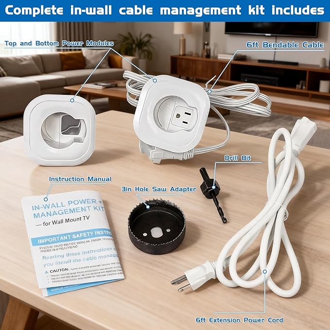 in wall Cable Management kit W/Hole Saw & Drill Template Power & Low Voltage Wire Cable Management Box Safe Fire-Resistanttv Cable Hider wall kit for Wall Mounted TV Home Theater