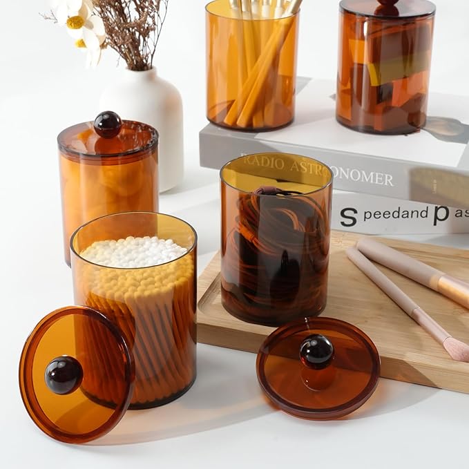 XIPENGKEJI 2 Pack Qtip Holder,Canister Apothecary Jar Set, Bathroom Jars with Lids Set for Cotton Swabs, Balls, Pads, Floss Picks,10oz-12oz Plastic Canisters Restroom Bedroom Vanity Organizer(Brown)