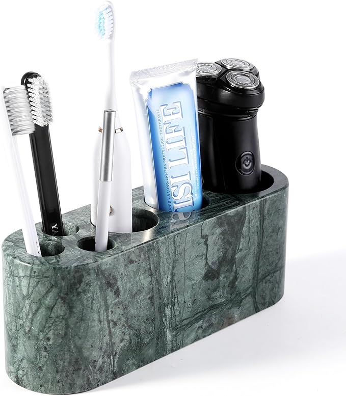 BCS Toothbrush Holder for Bathrooms, 6 Slots Marble Toothbrush Organizer, Makeup Brush Stand Toothbrush Storage Collection for Bathroom Countertop Vanity Organization - Indian Green