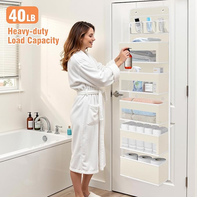 WISELIFE Over the Door Organizer - 6 Shelves Detachable Hanging Bedroom Storage Solution with 5 Large Pockets and 3 PVC Pockets for Dorm Bathroom, Pantry Nursery Baby Essentials (Beige)