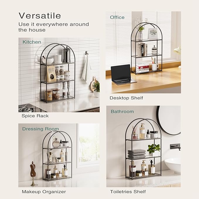 Crofy Black Arched Frame Wall Shelf, Decorative 3 Tier Bathroom Wall Shelf with Transparent Tempered Glass Shelves and Robust Storage Capacity, 5.1" D x 18.1" W x 28.9" H