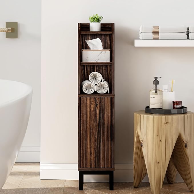 FerniTry Small Bathroom Storage Cabinet, Corner Floor Cabinet with Door and Shelves, Narrow Toilet Paper Cabinet, Bathroom Organizer with Adjustable Shelf, for Small Spaces (Walnut)