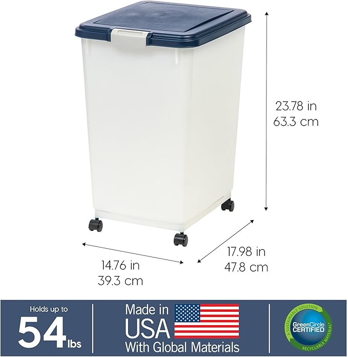USA Dog Food Storage Container, Up to 54 Pounds, Attachable Wheels, Navy/Pearl