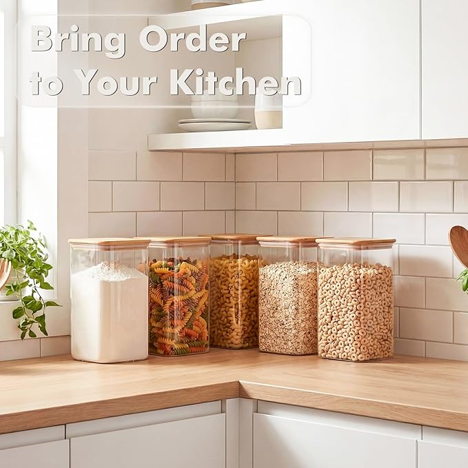 2-Pack 3.4Qt Large Glass Flour Sugar Storage Containers with Bamboo Lids, Wide-Mouth Food Jars with Measuring Cups for Baking, Aesthetic Glass Storage Pantry Jars for Sugar, Flour, Rice, Oats